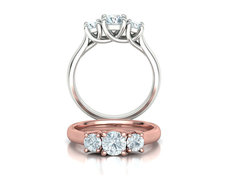 Bellisimo Anillo de Compromiso Trellis Tres Piedras con Aro Comfort Fit de Oro 14k