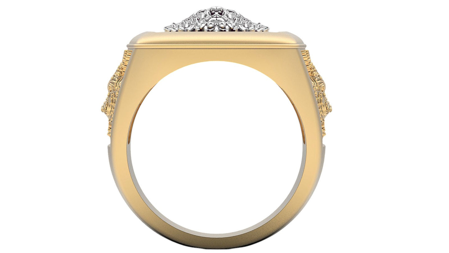 Imponente Anillo de Oro Amarillo con Cabeza de Lobo de Oro Blanco