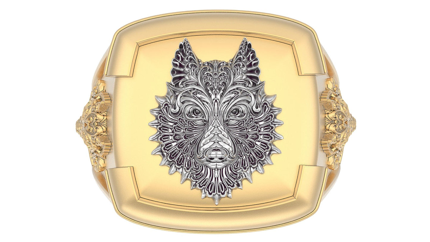 Imponente Anillo de Oro Amarillo con Cabeza de Lobo de Oro Blanco