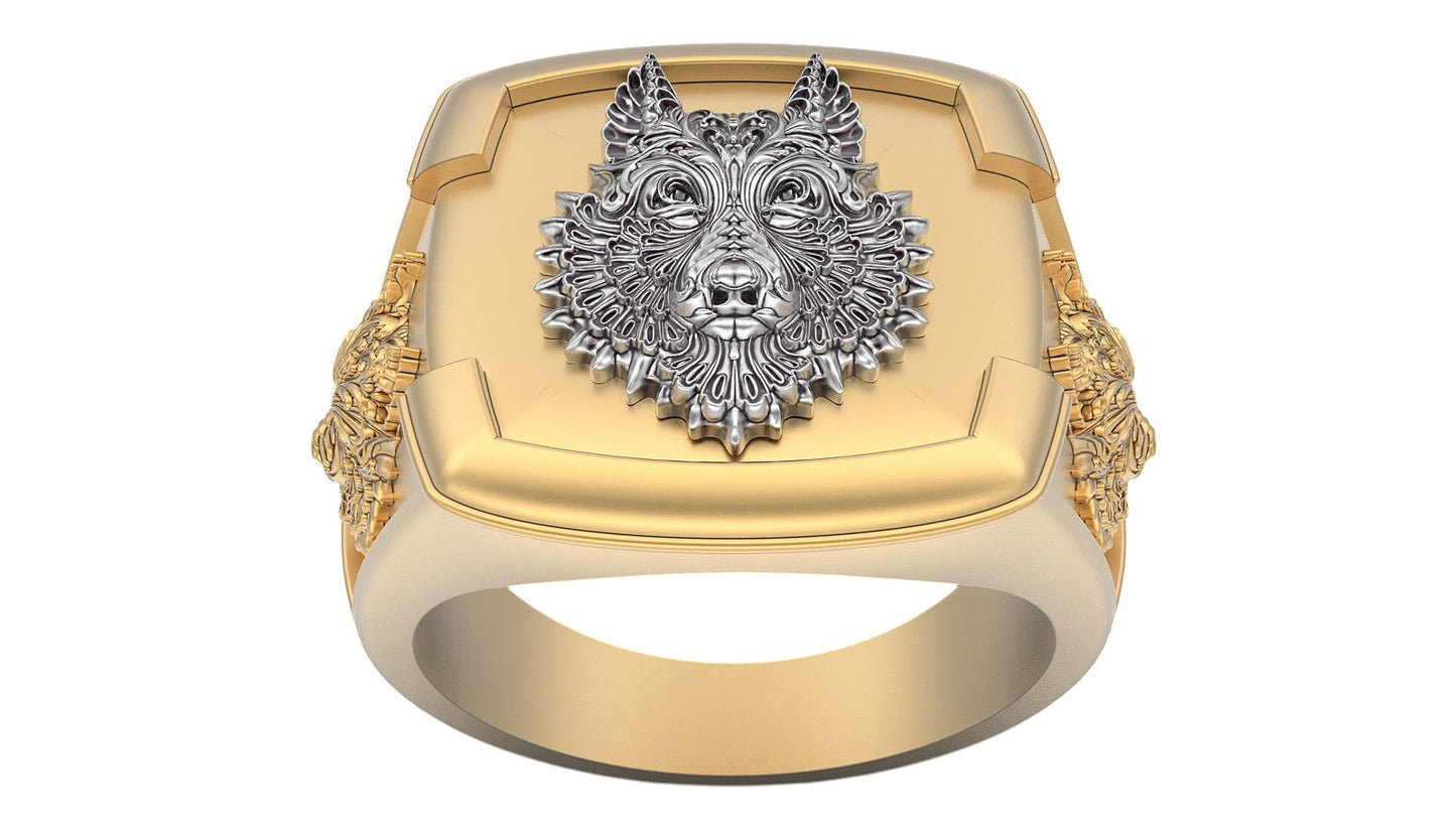 Imponente Anillo de Oro Amarillo con Cabeza de Lobo de Oro Blanco