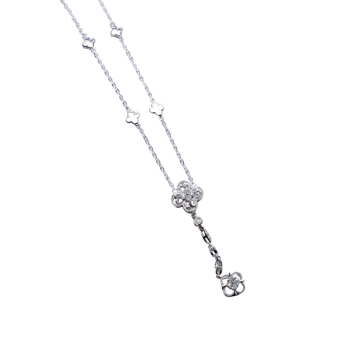 Gargantilla de Oro Blanco 14k Con Diamantes y Flor Colgante