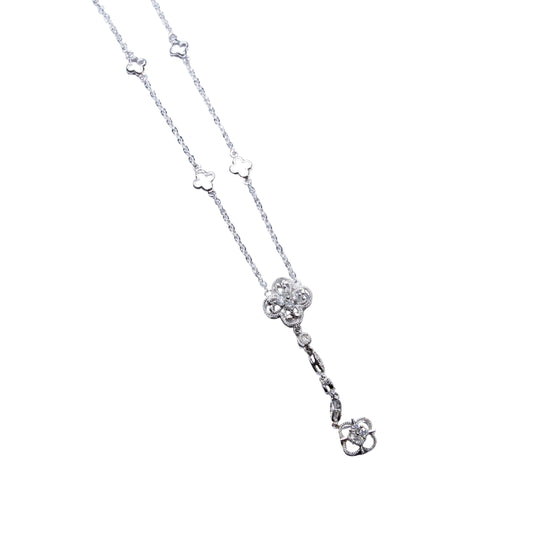 Gargantilla de Oro Blaco 14k Con Diamantes y Flor Colgante