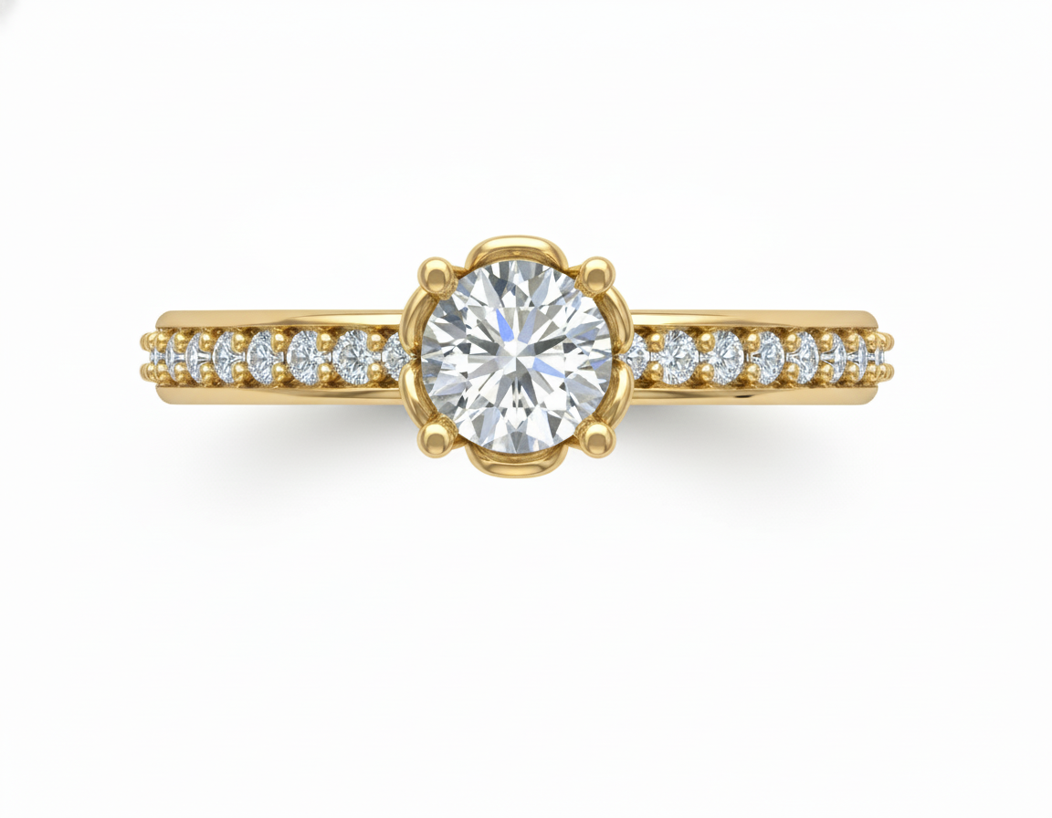 Anillo de Compromiso Solitario Redondo con Banda Pavé