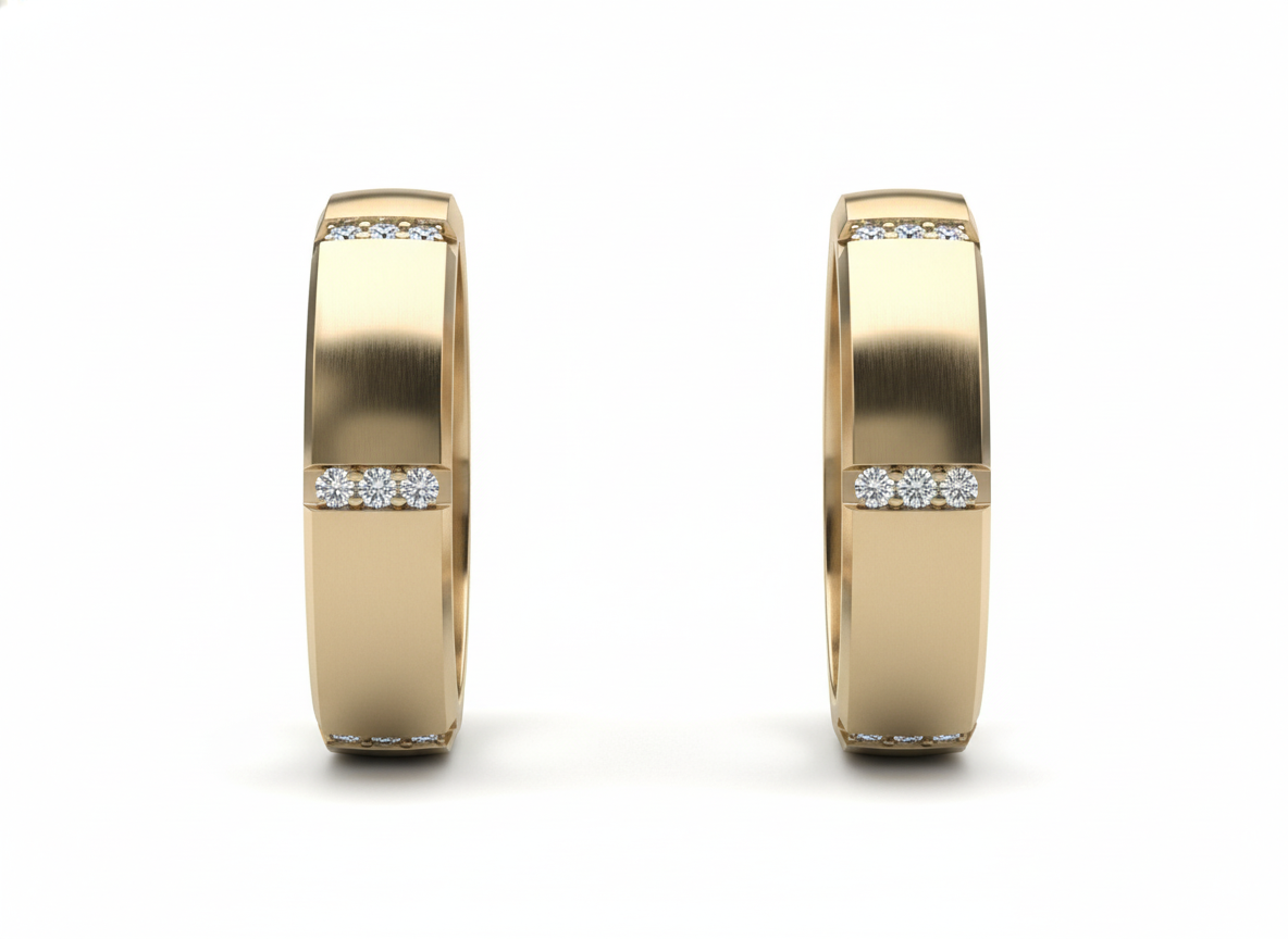 Dúo de Argollas Biseladas de Matrimonio con Diamantes en Canal