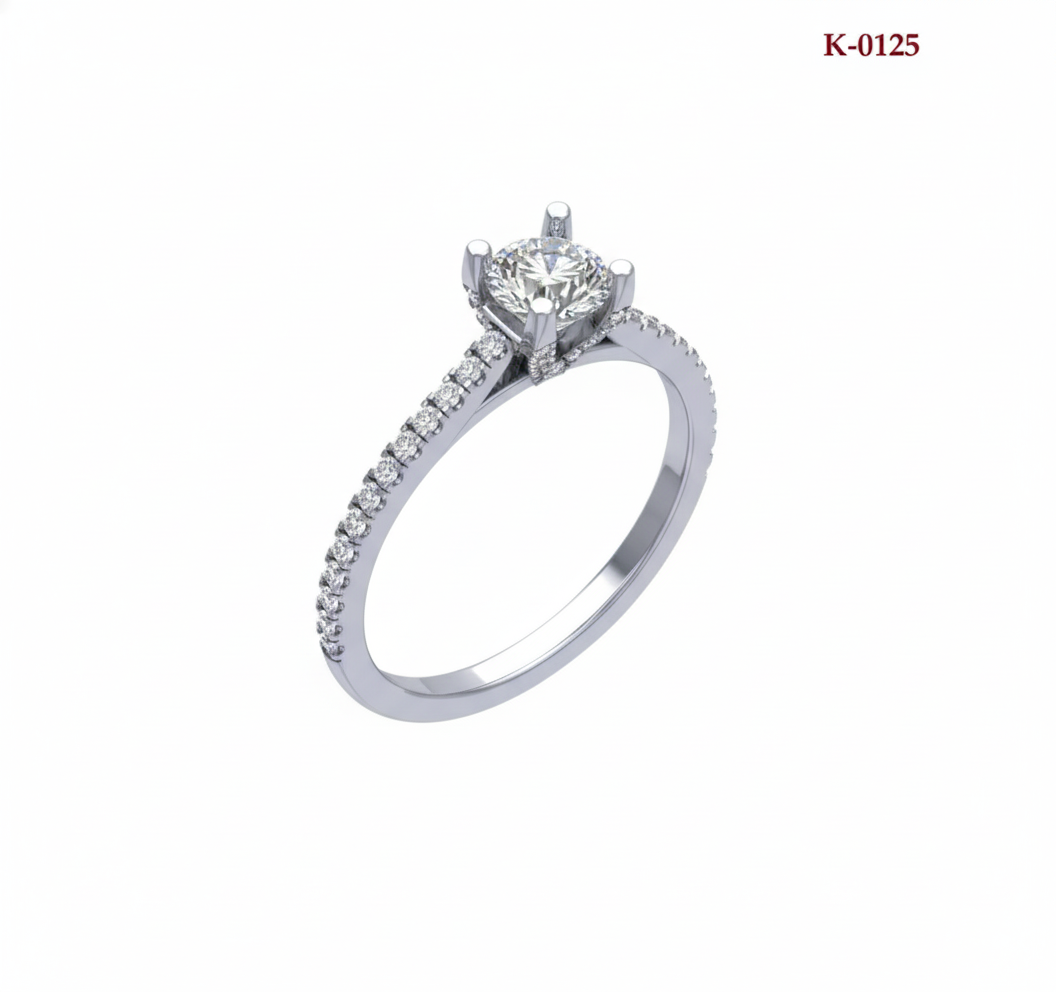 Anillo Solitario con Pavé de Diamantes y Diamante Central Redondo