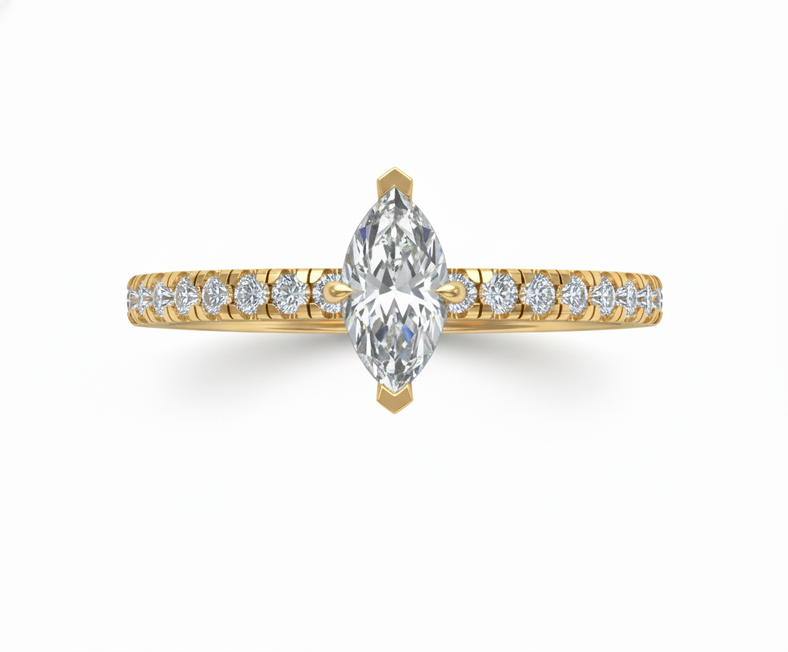 Anillo de Compromiso Marquise con Diamantes Laterales en Pavé