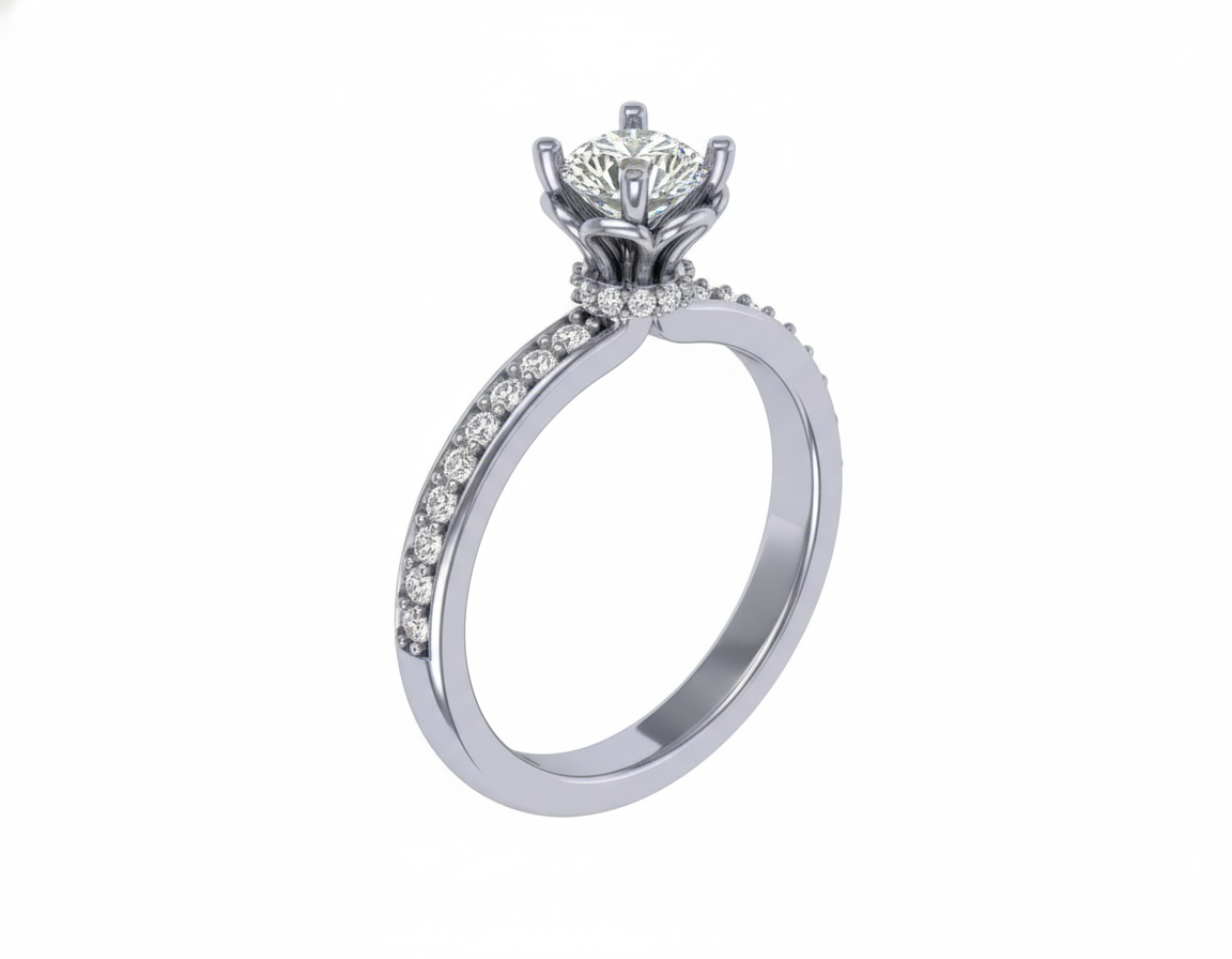 Anillo de Compromiso Solitario Redondo con Banda Pavé