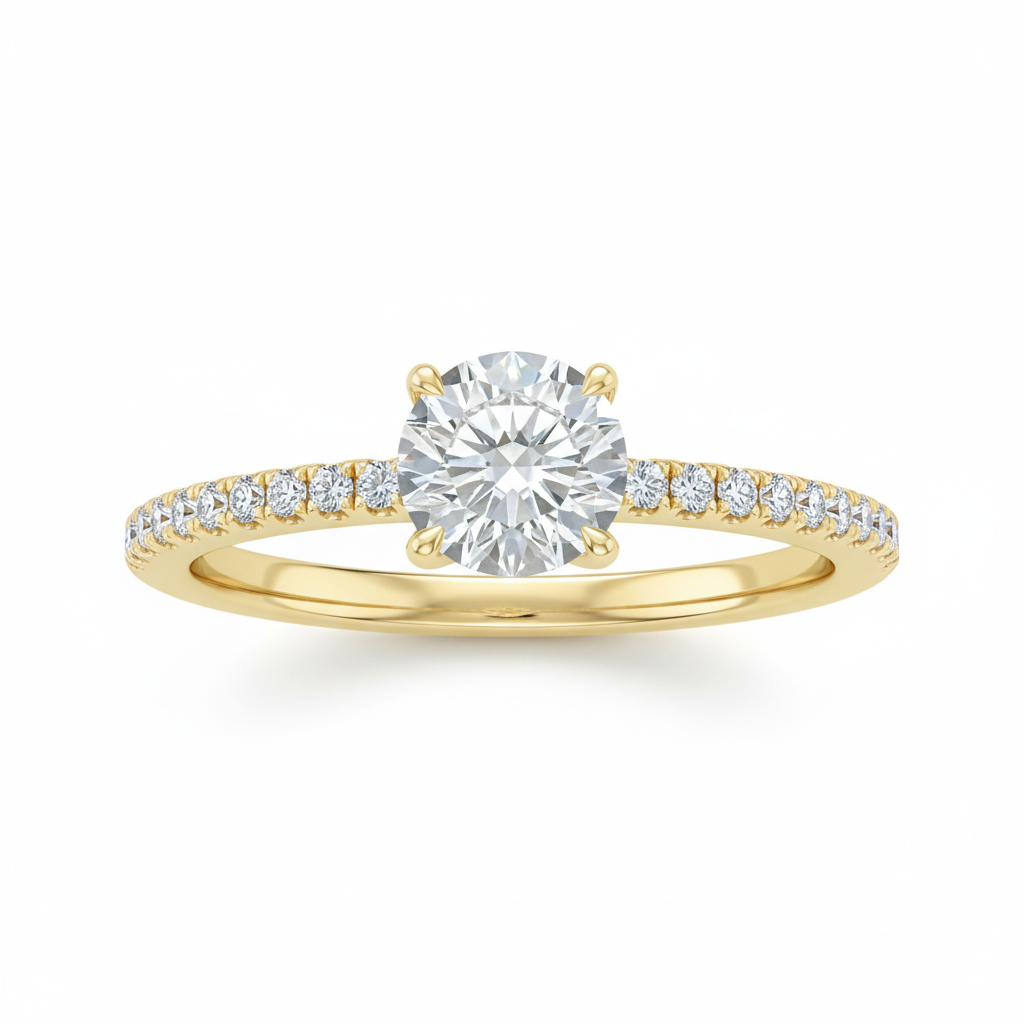 Anillo Solitario con Pavé de Diamantes y Diamante Central Redondo