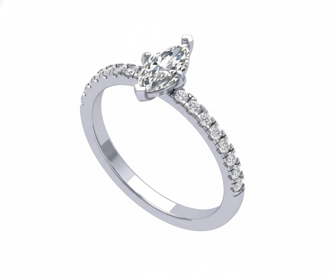 Anillo de Compromiso Marquise con Diamantes Laterales en Pavé