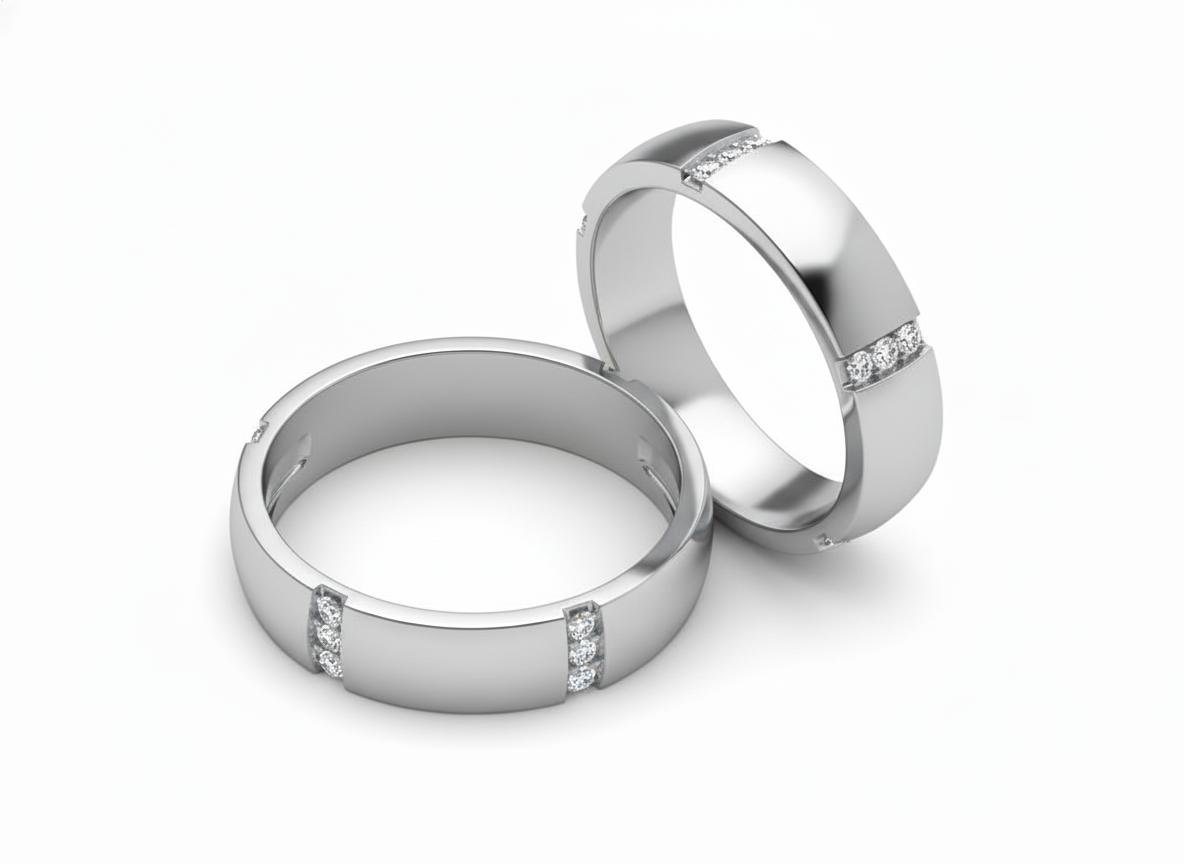 Dúo de Argollas Biseladas de Matrimonio con Diamantes en Canal