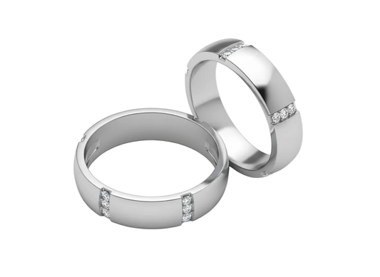 Dúo de Argollas Biseladas de Matrimonio con Diamantes en Canal