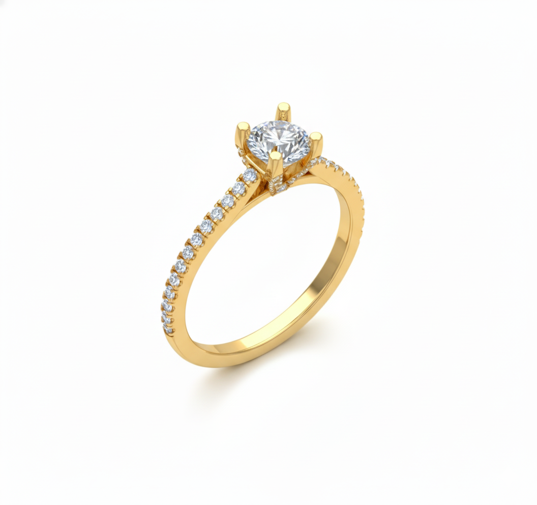 Anillo Solitario con Pavé de Diamantes y Diamante Central Redondo