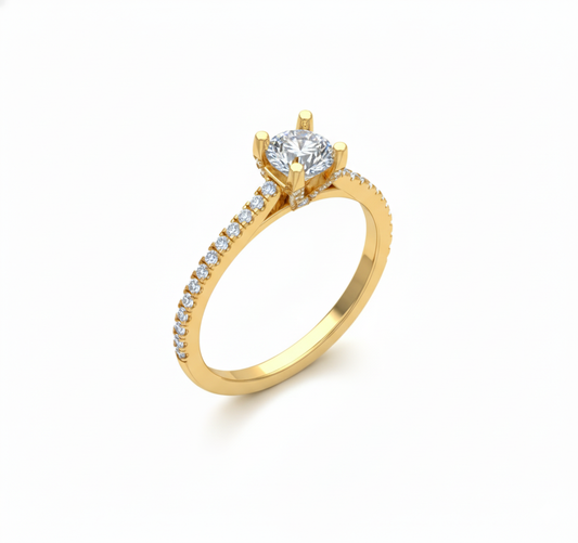 Anillo Solitario con Pavé de Diamantes y Diamante Central Redondo