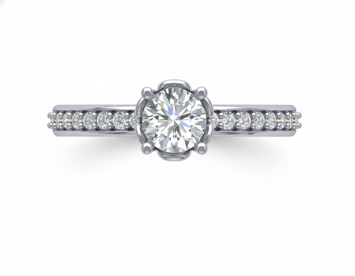 Anillo de Compromiso Solitario Redondo con Banda Pavé