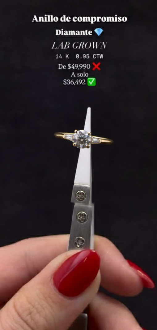 Anillo de Compromiso Oro 14K - Diamante Lab Grown Corte Redondo 0.95 CTW