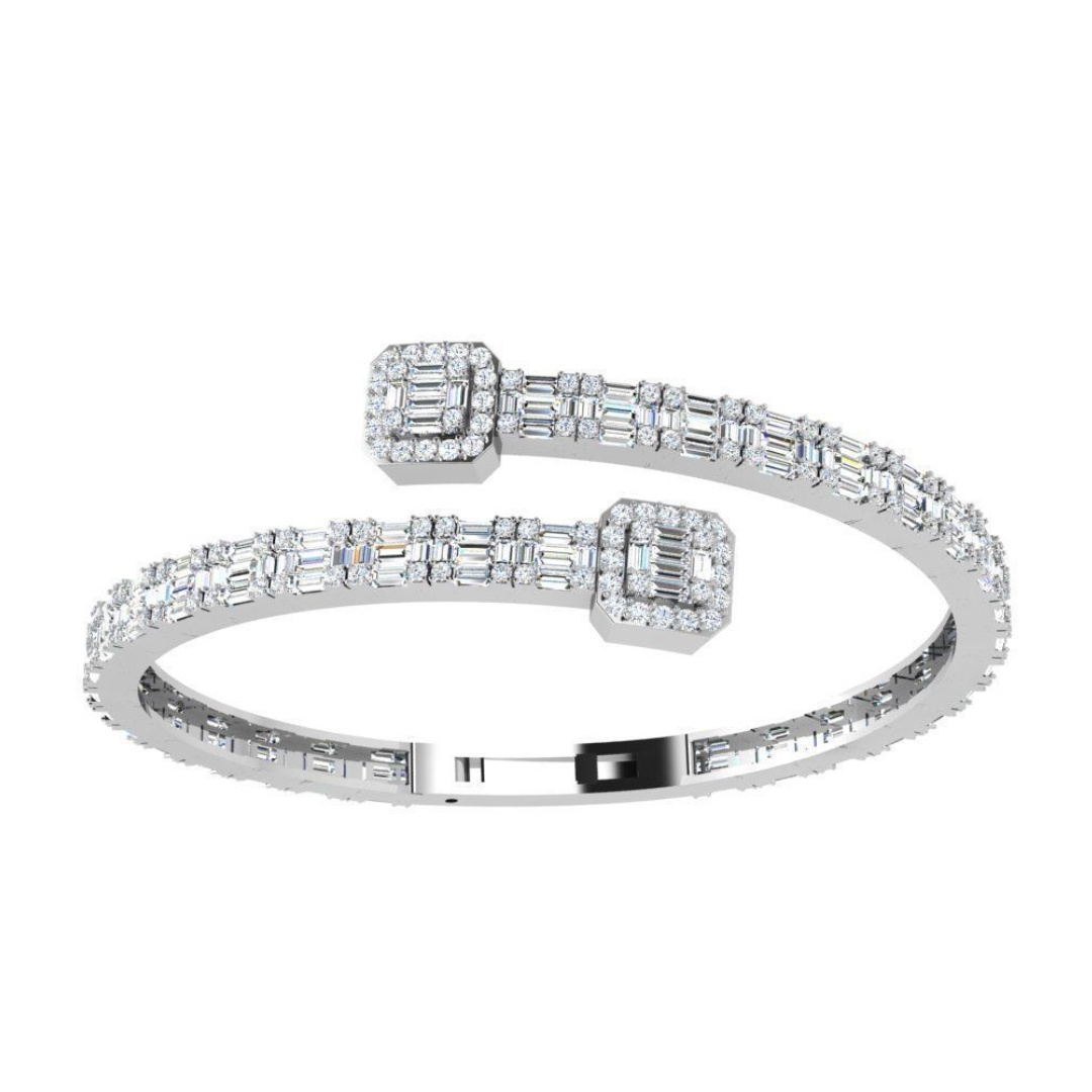 Modesto Brazalete de Oro Blanco 14k Recubierto de Incrustaciones Redondas y de Corte Bagguete