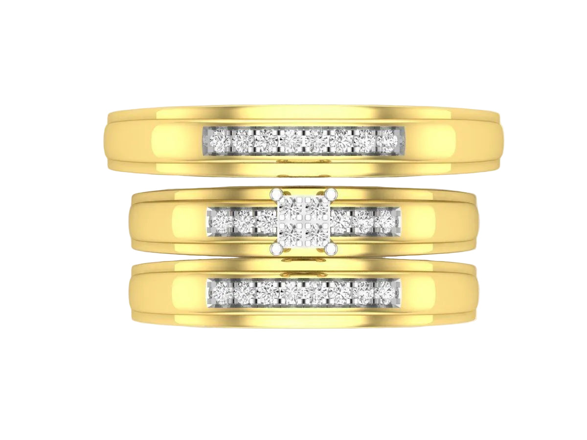 Trio de Argollas Matrimoniales AV 326 con Solitario de Cuadrado Dividido en Cuatro