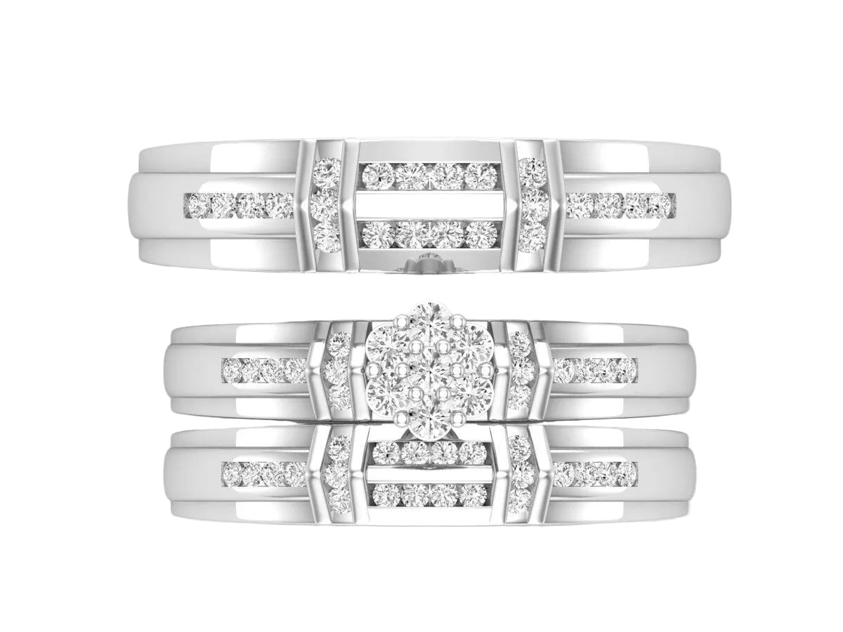 Trio de Argollas Matrimoniales de Oro con Argolla de Flor de Incrustaciones