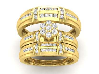 Trio de Argollas Matrimoniales de Oro con Argolla de Flor de Incrustaciones