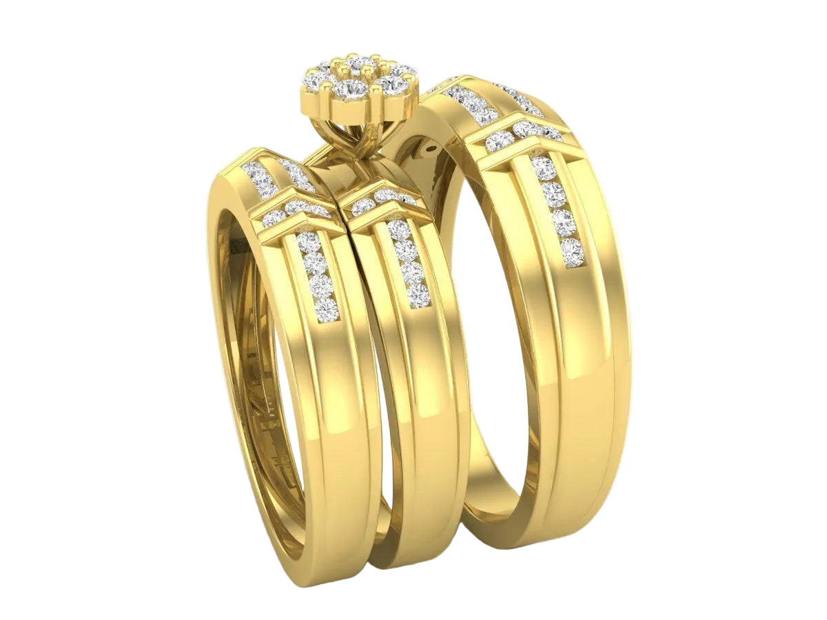 Trio de Argollas Matrimoniales de Oro con Argolla de Flor de Incrustaciones