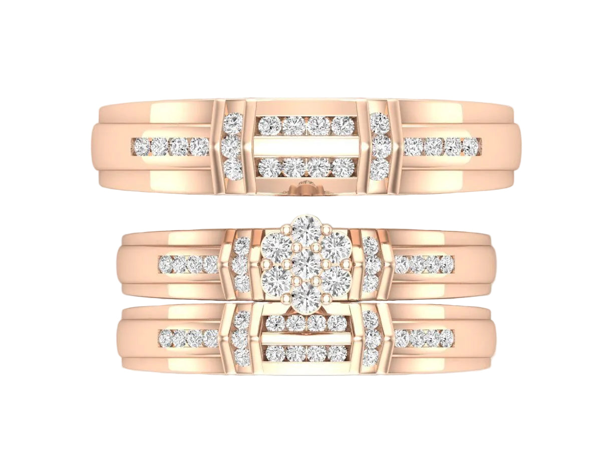 Trio de Argollas Matrimoniales de Oro con Argolla de Flor de Incrustaciones
