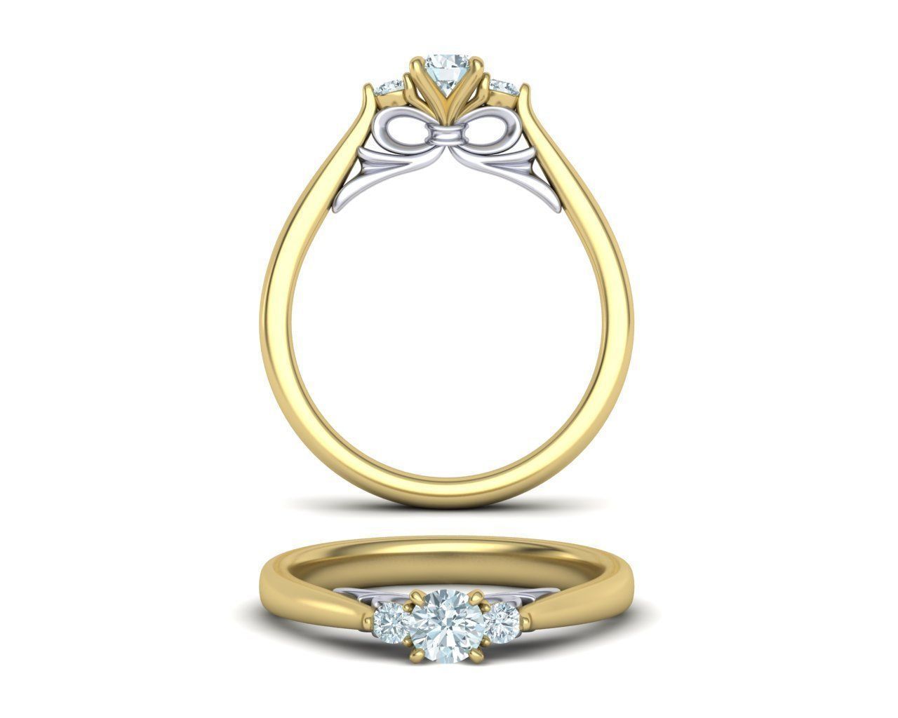 Anillo de Compromiso Tres Piedras Bow de Oro 14k  Diamantes
