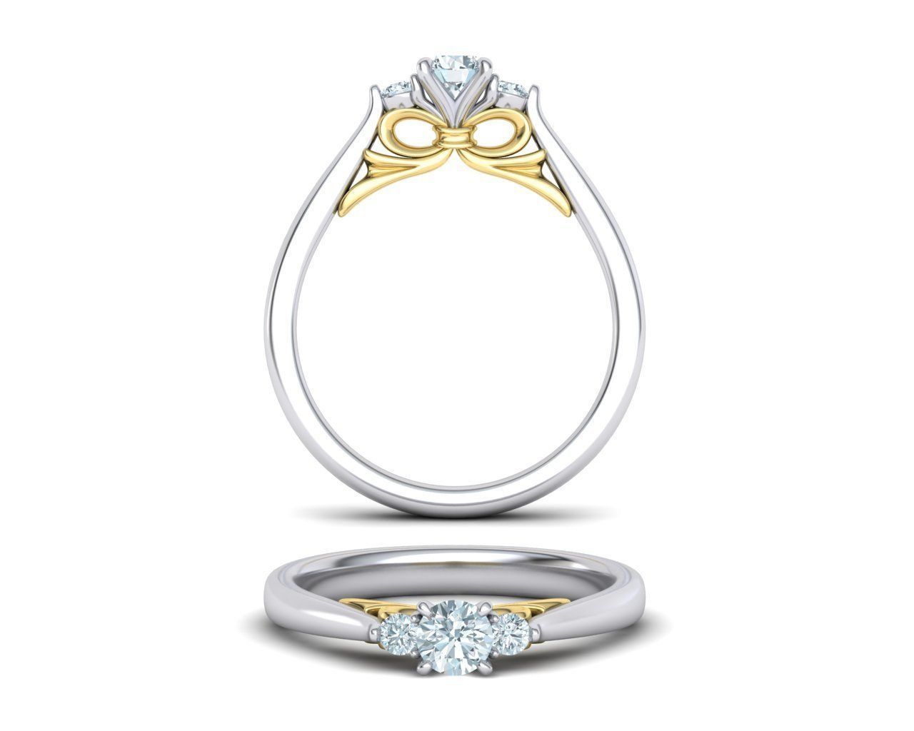 Anillo de Compromiso Tres Piedras Bow de Oro 14k  Diamantes