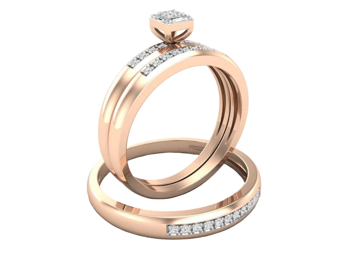Trio de Argollas Matrimoniales con Solitario Cuadrado con Cruz Simétrica