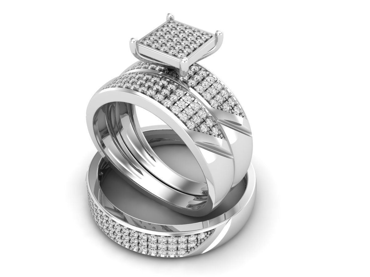 Trio de Argollas Matrimoniales con Solitario Cuadrado Recubierto de Incrustaciones