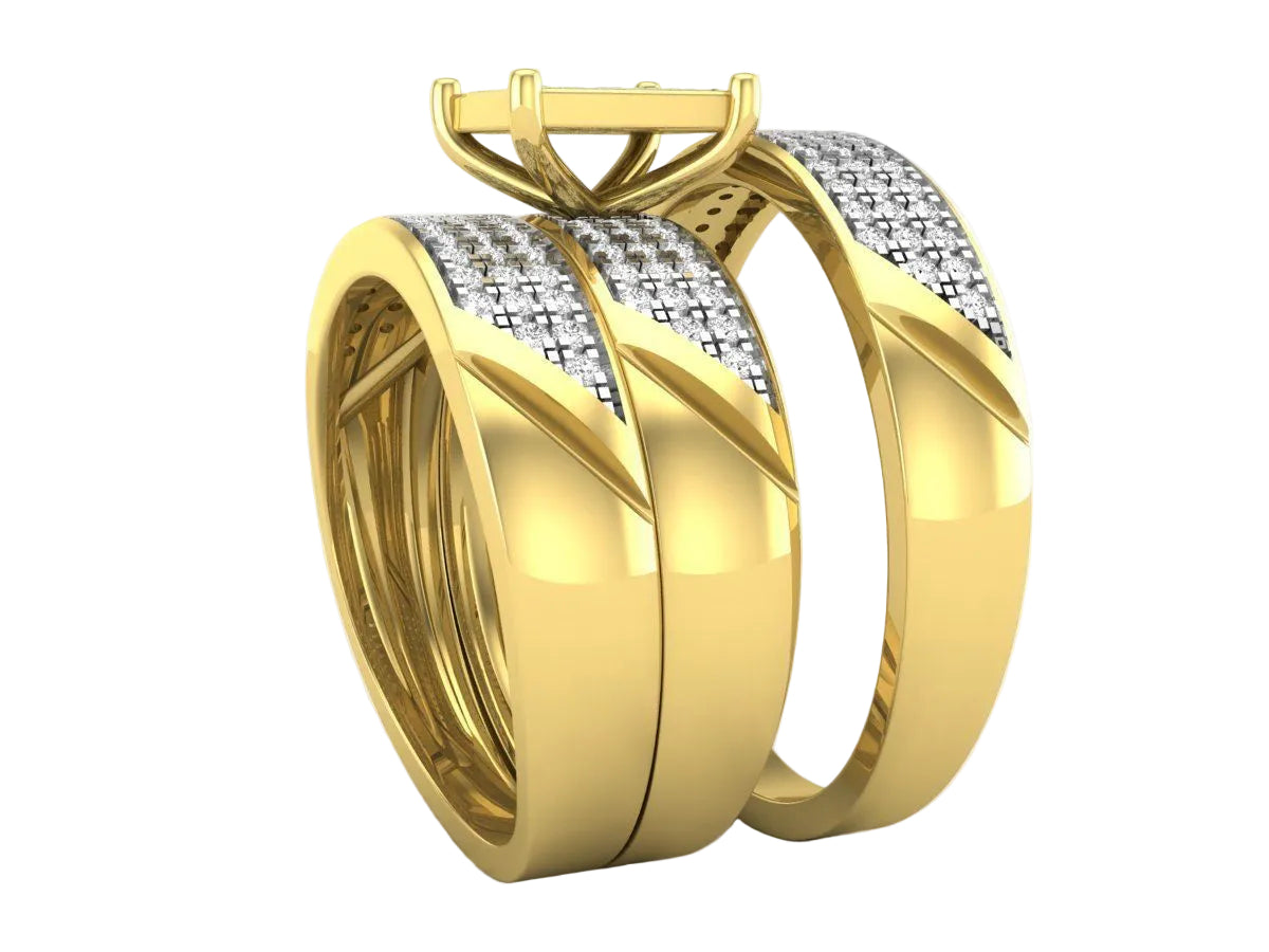 Trio de Argollas Matrimoniales con Solitario Cuadrado Recubierto de Incrustaciones