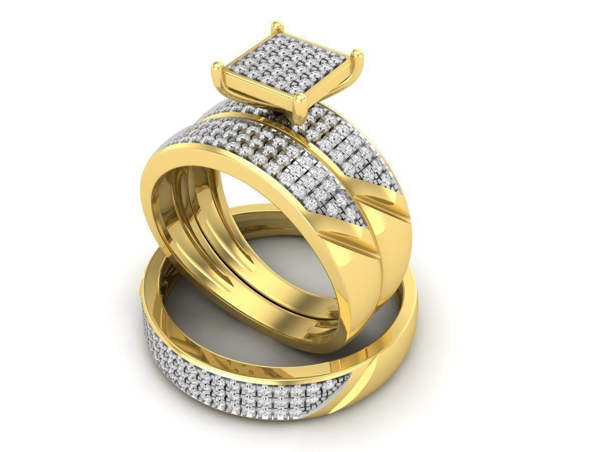 Elegante Trio de Argollas Matrimoniales con Solitario Cuadrado Recubierto de Incrustaciones