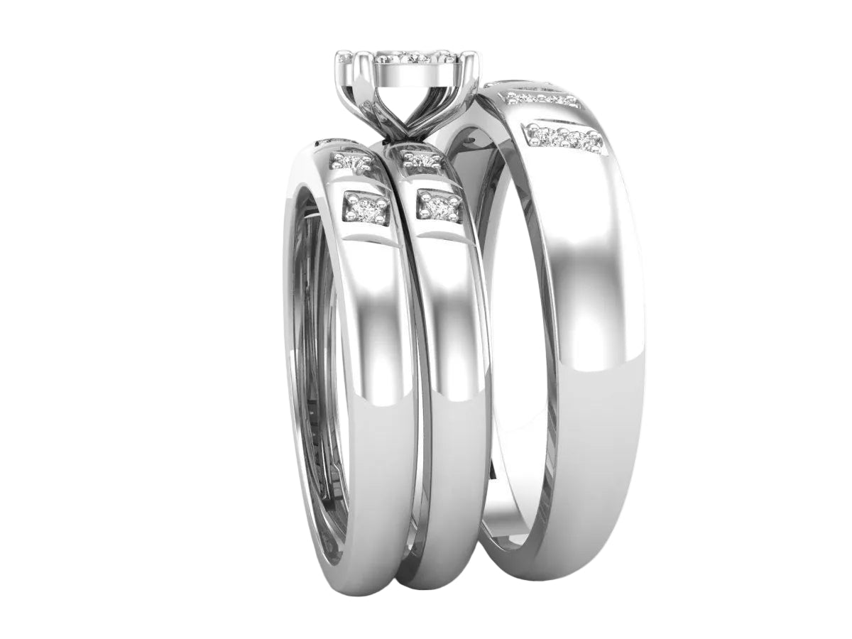 Trio de Argollas Matrimoniales con Solitario Circular de Centro Cuadrado