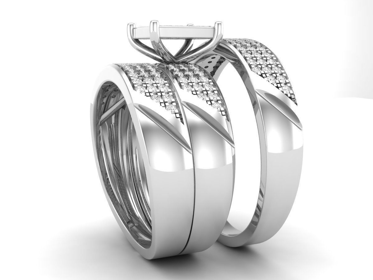 Elegante Trio de Argollas Matrimoniales con Solitario Cuadrado Recubierto de Incrustaciones