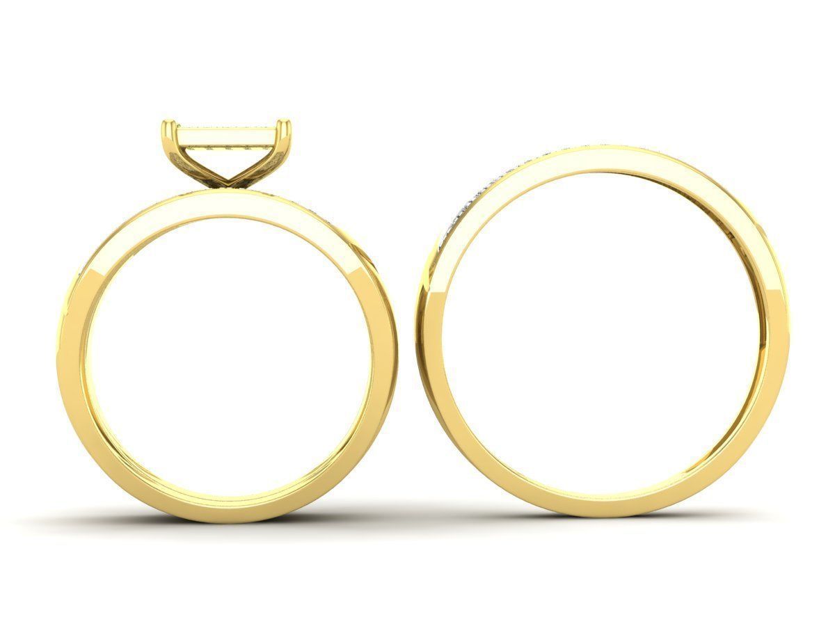 Elegante Trio de Argollas Matrimoniales con Solitario Cuadrado Recubierto de Incrustaciones