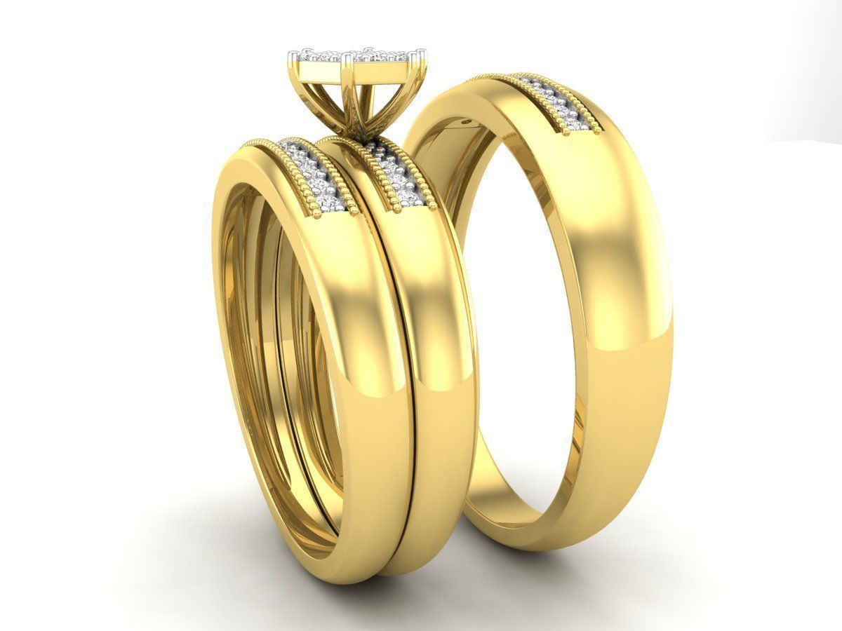 Trio de Argollas Matrimoniales con Solitario Hexagonal