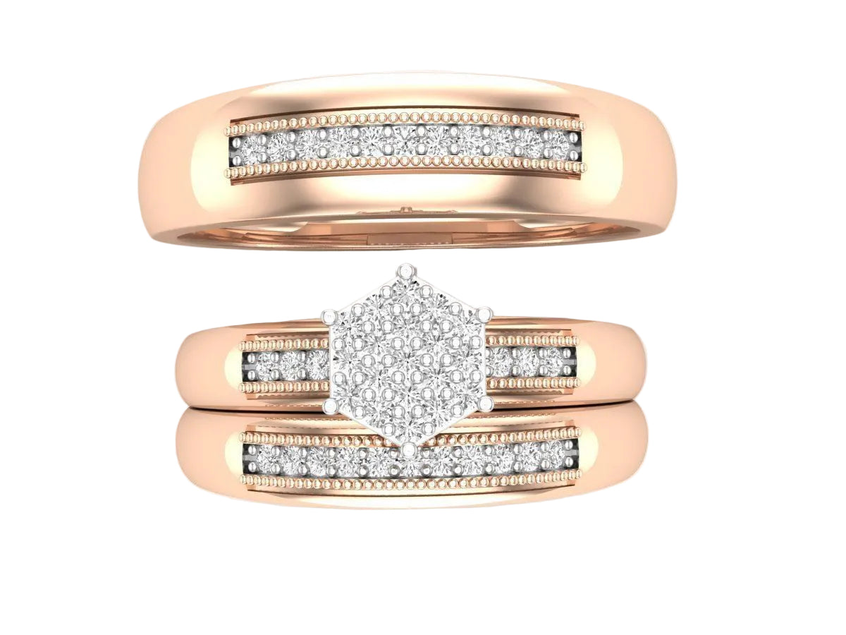 Trio de Argollas Matrimoniales con Solitario Hexagonal