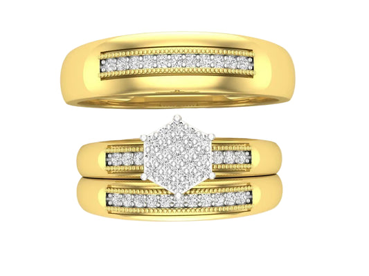 Trio de Argollas Matrimoniales con Solitario Hexagonal