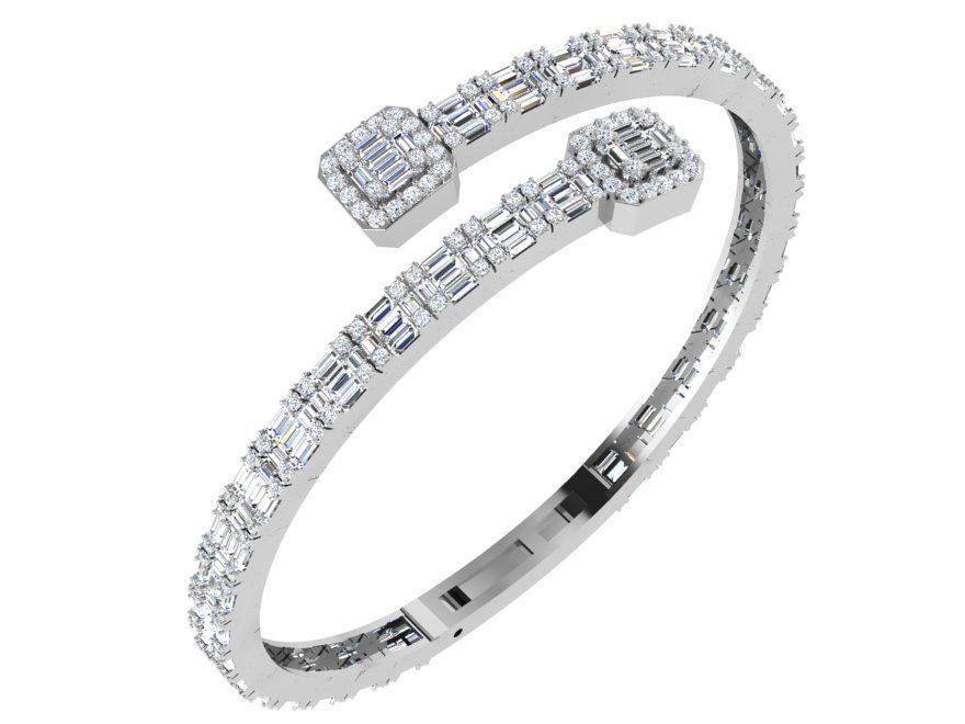 Modesto Brazalete de Oro Blanco 14k Recubierto de Incrustaciones Redondas y de Corte Bagguete