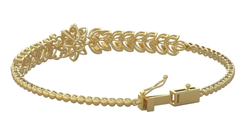 Impresionante Brazalete de Oro con Adorno Flor Acompañado de Incrustaciones