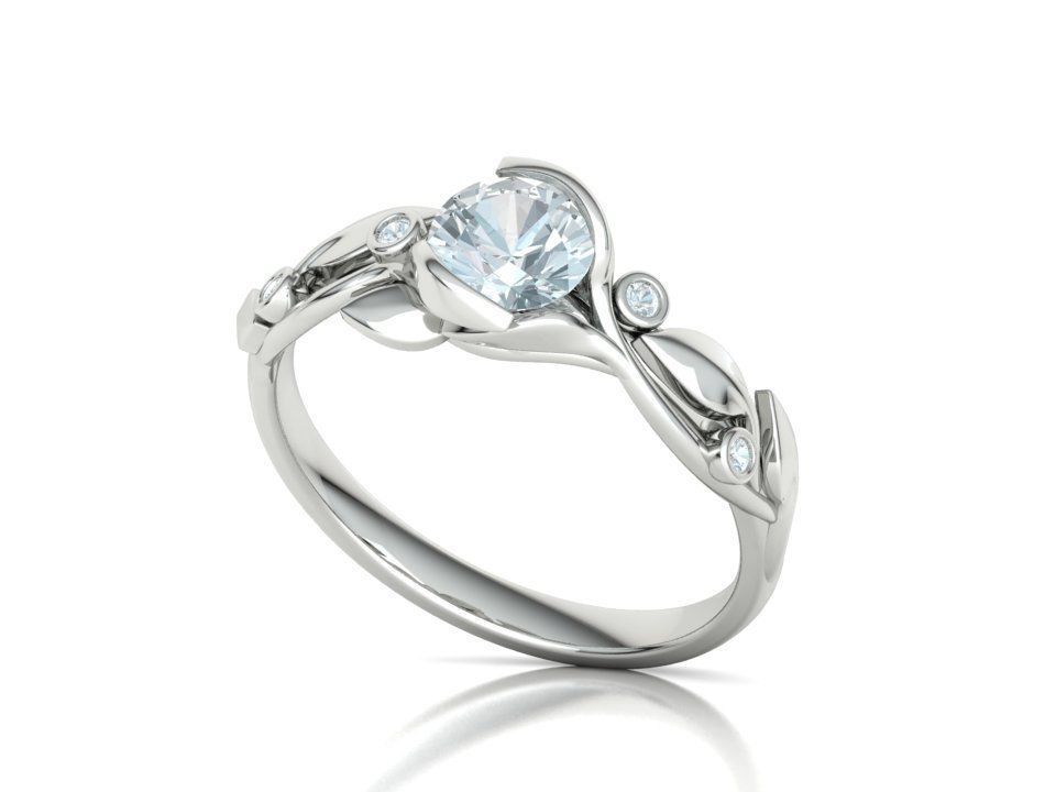 Anillo Compromiso Floral Diseño Hojas Oro Diamantes 0.88CT