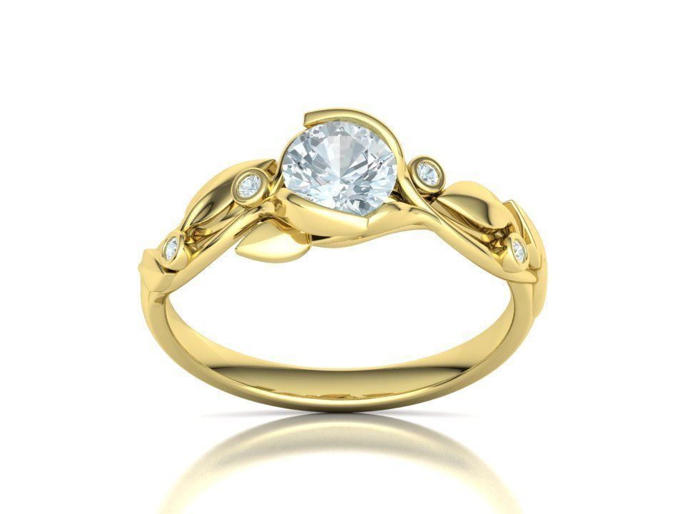 Anillo Compromiso Floral Diseño Hojas Oro Diamantes 0.88CT
