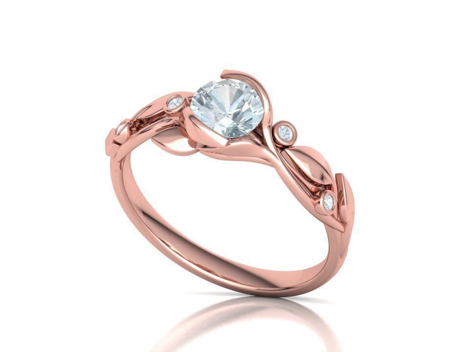Anillo Compromiso Floral Diseño Hojas Oro Diamantes 0.88CT