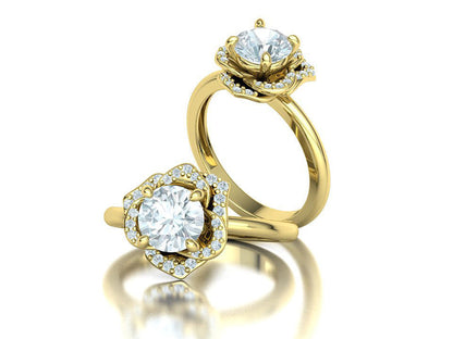Anillo Flor Imperial en Oro Amarillo con Piedra Central y Halo de Brillantes