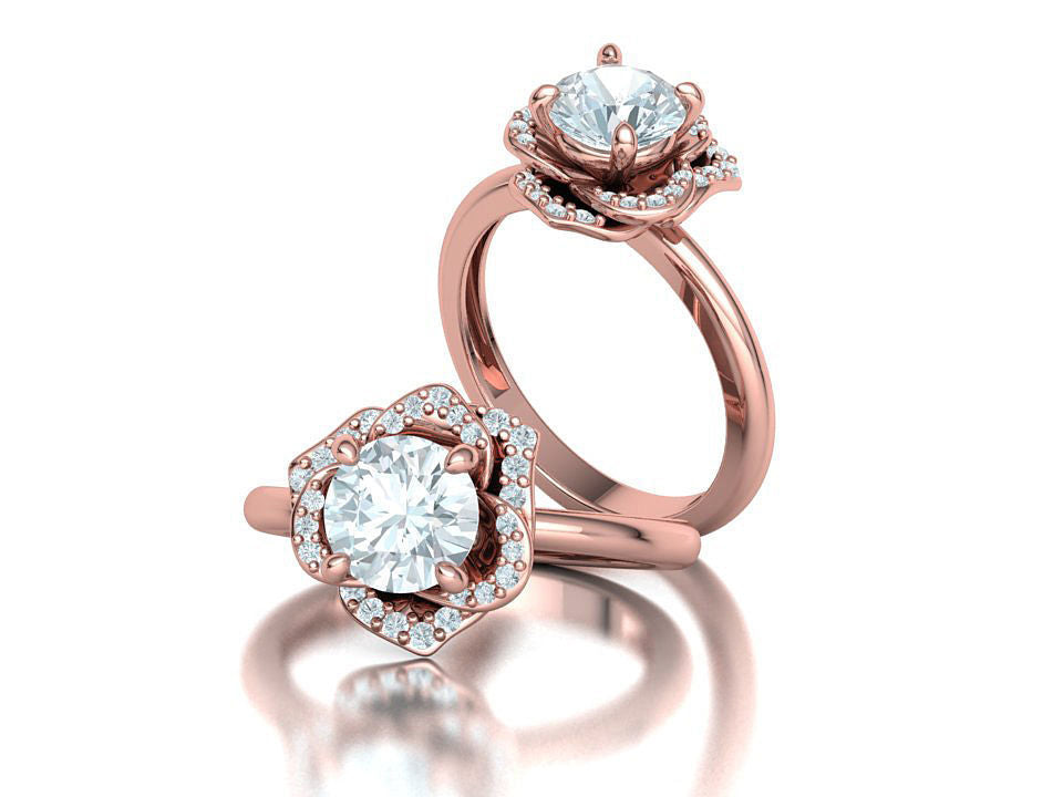 Anillo Flor Imperial en Oro Amarillo con Piedra Central y Halo de Brillantes