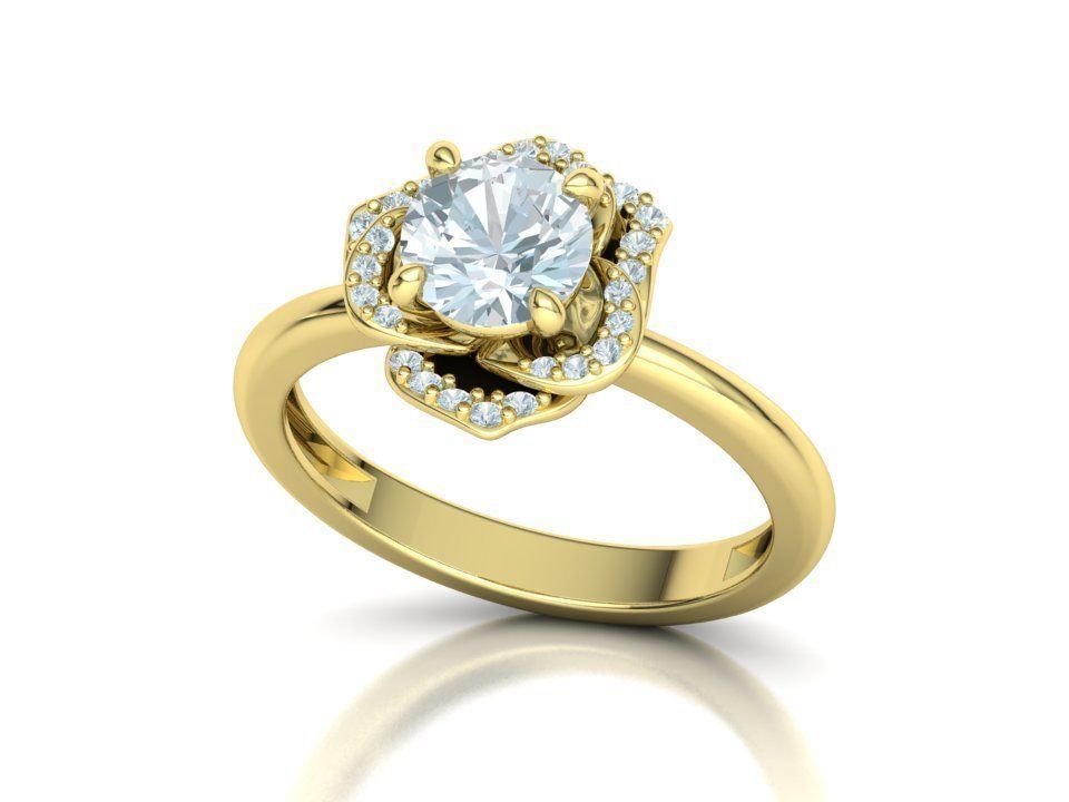 Anillo Flor Imperial en Oro Amarillo con Piedra Central y Halo de Brillantes
