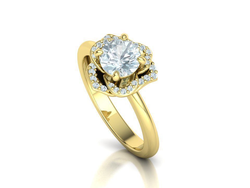Anillo Flor Imperial en Oro Amarillo con Piedra Central y Halo de Brillantes