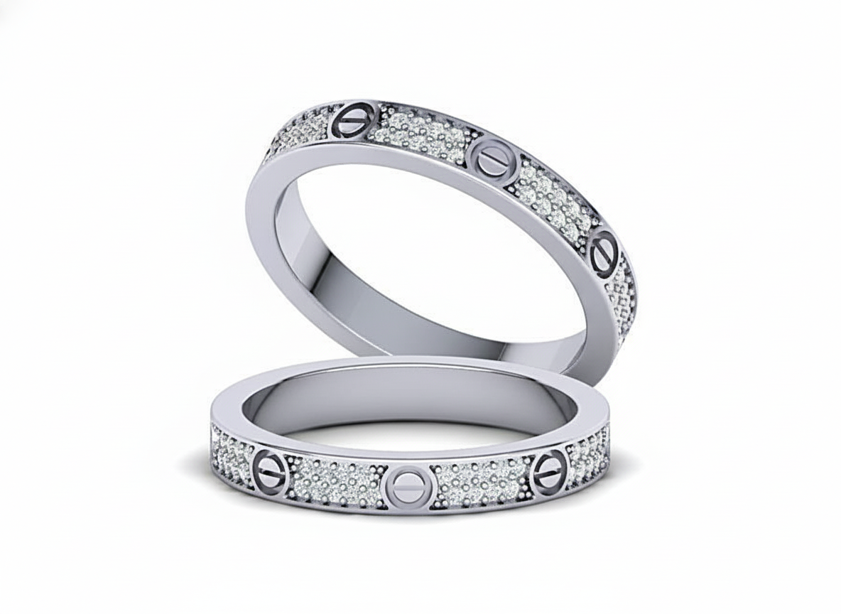 Dúo de Argollas Banda con Diseño Love y Diamantes Pavé 3mm