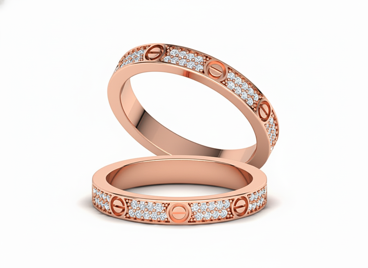 Dúo de Argollas Banda con Diseño Love y Diamantes Pavé 3mm