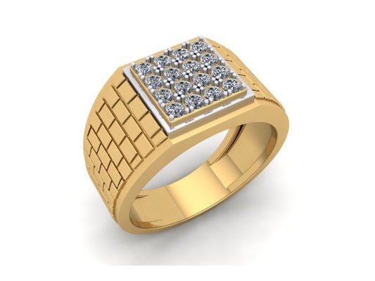 Anillo de Oro Amarillo con Cara Cuadrada Recubierta de Incrustaciones