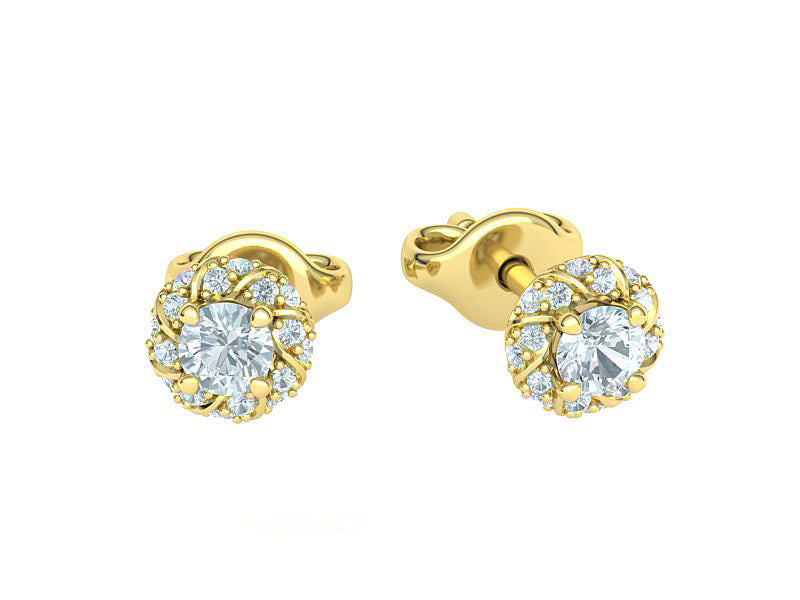 Aretes de Botón Redondos con Halo Retorcido de Oro 14k